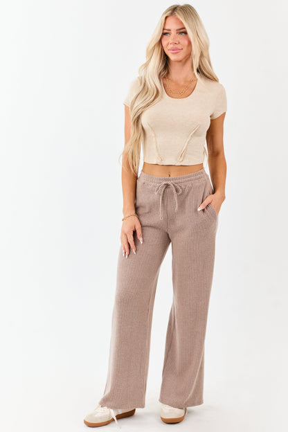 Coffee Ribbed Knit Drawstring Waist Wide Leg Pants