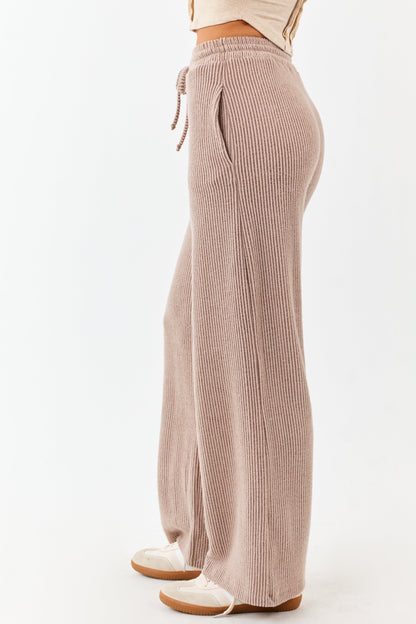 Coffee Ribbed Knit Drawstring Waist Wide Leg Pants