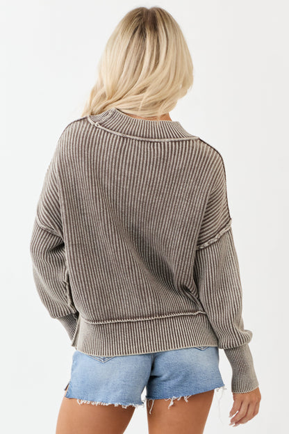 Coffee Washed Cotton Thick Rib Knit Sweater