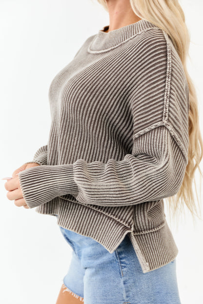 Coffee Washed Cotton Thick Rib Knit Sweater