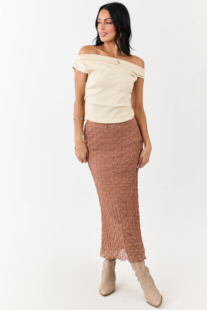 Coffee Wavy Textured Mesh Back Slit Maxi Skirt