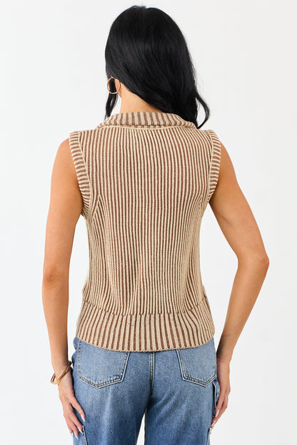 Coffee and Camel Rib Knit Zip Up Sweater Vest