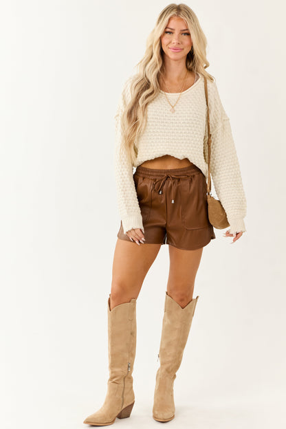 Cognac Faux Leather Smocked Waist Shorts