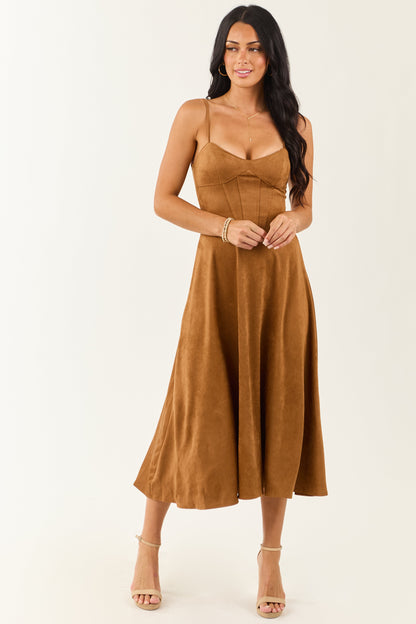Cognac Faux Suede A-Line Sleeveless Midi Dress