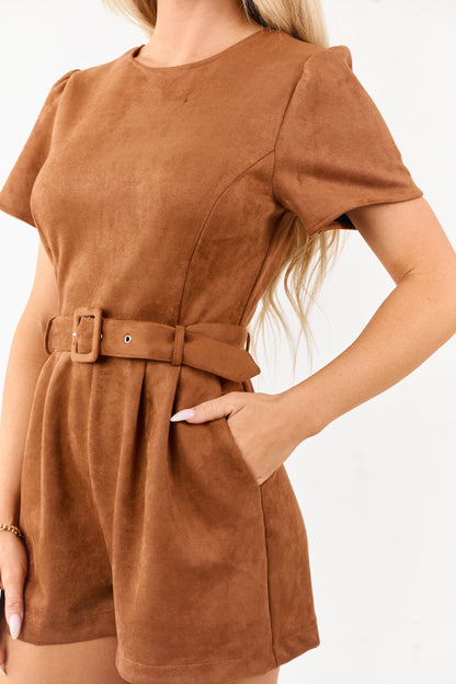 Cognac Faux Suede Belted Short Sleeve Romper