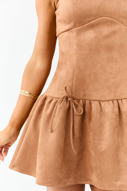 Cognac Faux Suede Drop Waist Ruffle Hem Mini Dress