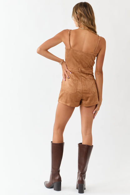 Cognac Faux Suede Sleeveless Button Down Romper
