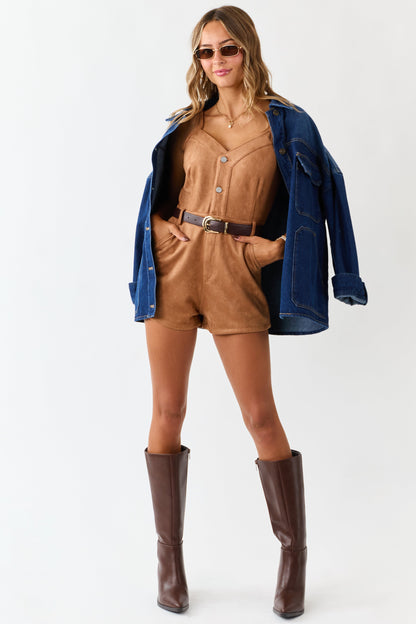 Cognac Faux Suede Sleeveless Button Down Romper