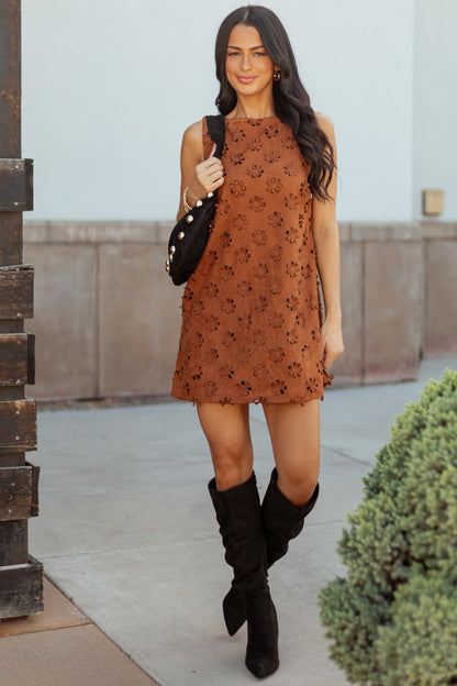 Cognac Flower Cutout Faux Suede Mini Shift Dress