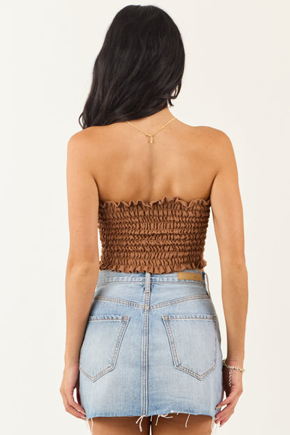 Cognac Smocked Ruffle Trim Bandeau Top