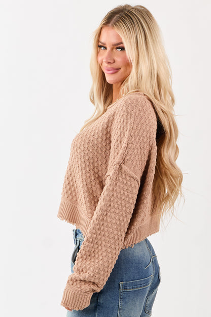 Cognac Soft Textured Knit Round Neck Boxy Sweater