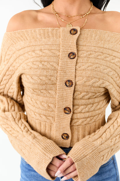 Copper Cable Knit Boatneck Cropped Cardigan