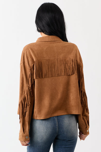Copper Faux Suede Collared Fringe Jacket