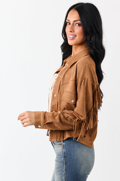 Copper Faux Suede Collared Fringe Jacket