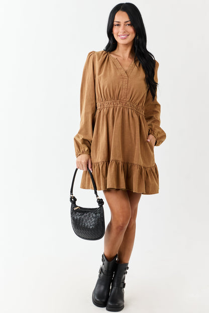 Copper Mineral Wash Denim Long Sleeve Mini Dress