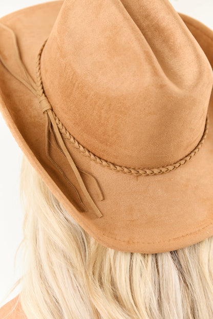 Copper Faux Suede Braided Strap Cowboy Hat