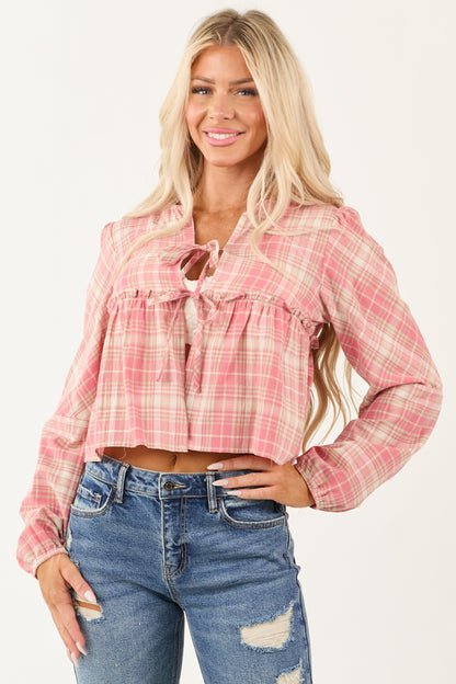Coral and Cream Plaid Long Sleeve Cotton Top