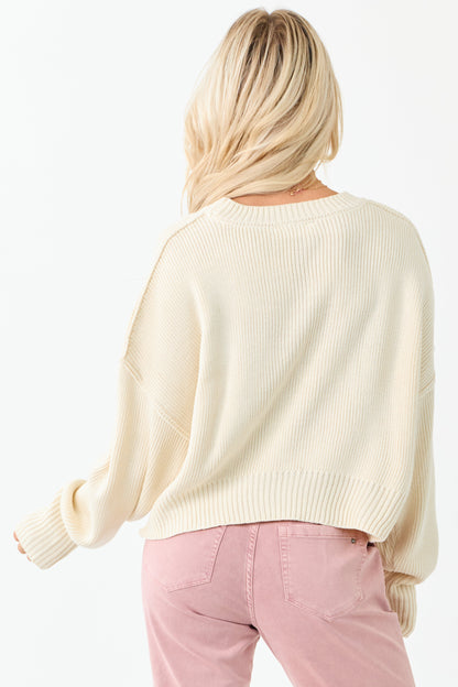 Cream Boxy Drop Shoulder Crop Rib Knit Sweater
