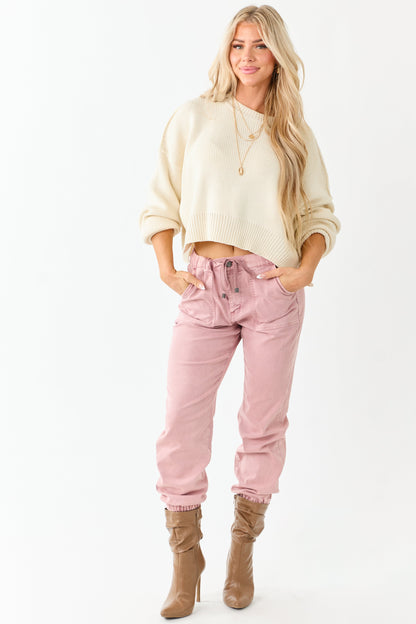 Cream Boxy Drop Shoulder Crop Rib Knit Sweater