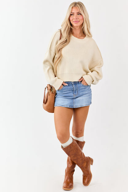 Cream Boxy Drop Shoulder Crop Rib Knit Sweater
