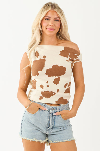 Cream Cow Print Asymmetrical One Shoulder Top