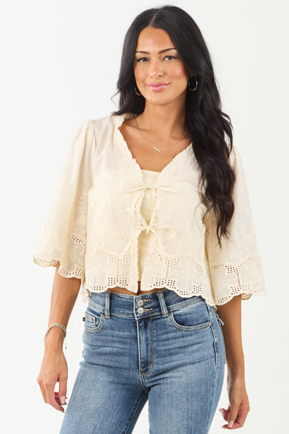 Cream Floral Embroidery Tie Front Cotton Blouse