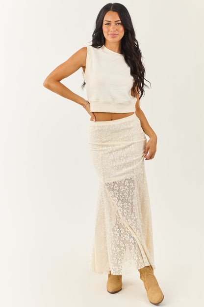 Cream Floral Lace Mermaid Hem Maxi Skirt