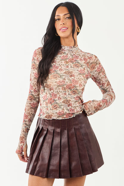 Cream Floral Mesh Long Sleeve Mock Neck Top