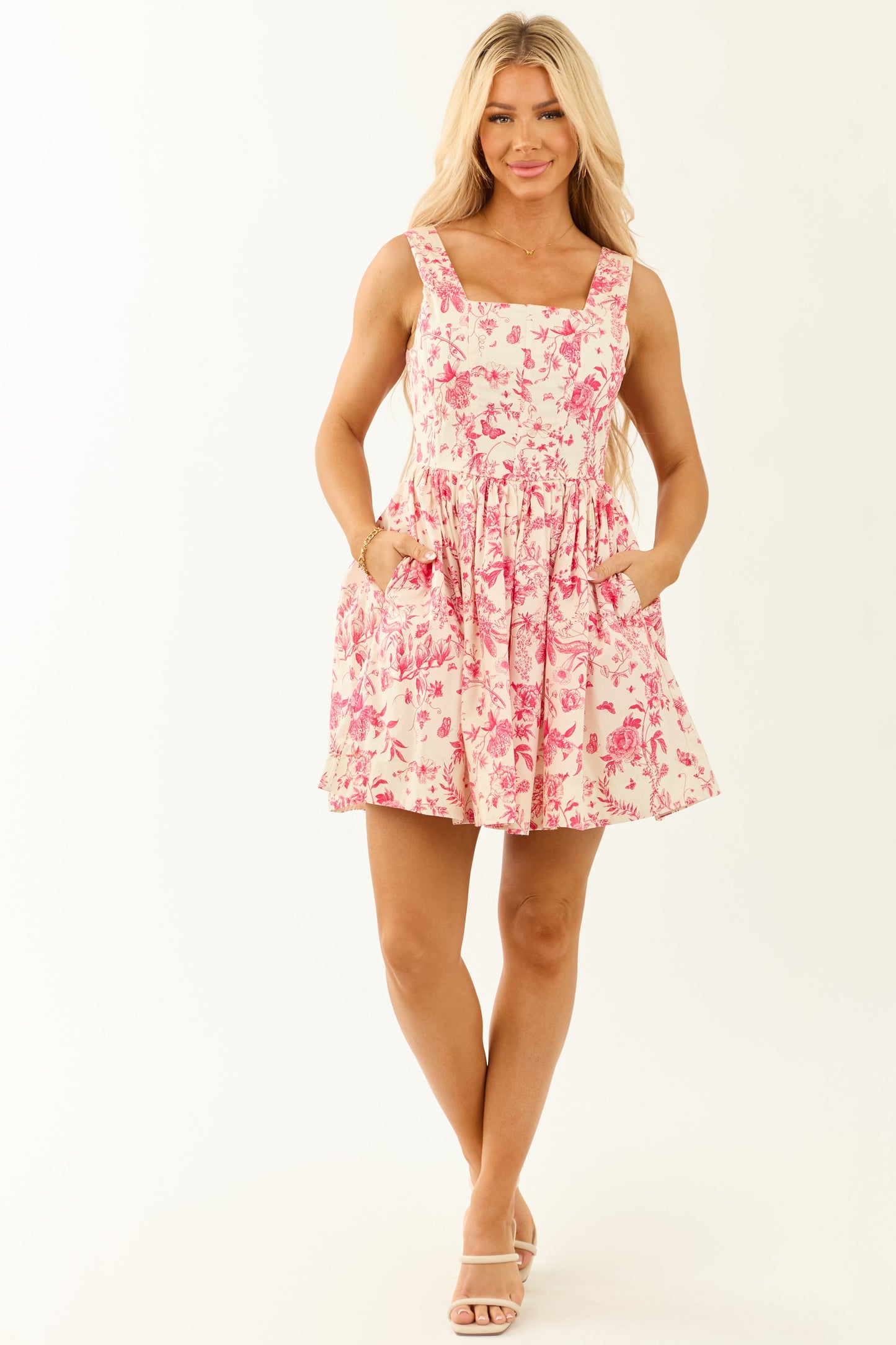Cream Floral Print Corset Style Sleeveless Mini Dress