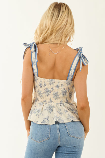 Cream Floral Print Sweetheart Neck Peplum Tank Top