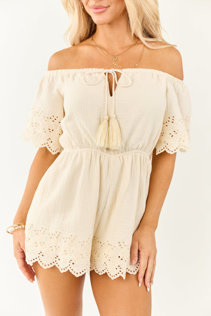 Cream Gauze Cotton Eyelet Lace Trim Romper