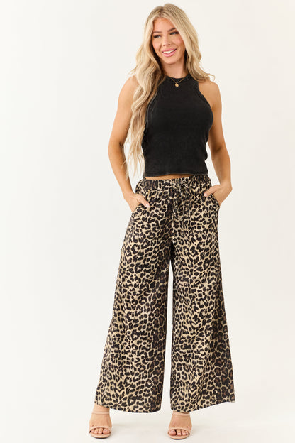 Cream High Waisted Leopard Print Wide Leg Pants