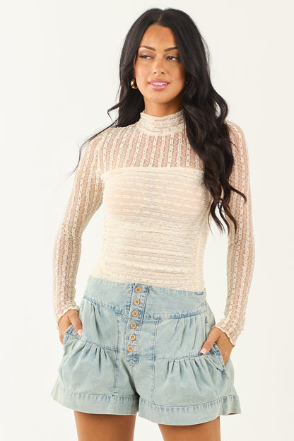 Cream Mesh Lace Ruched Long Sleeve Bodysuit
