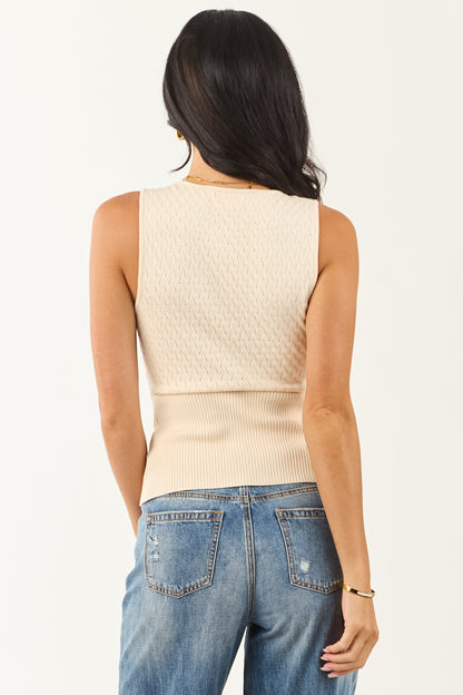 Cream Open Button Down Front Knit Tank Top