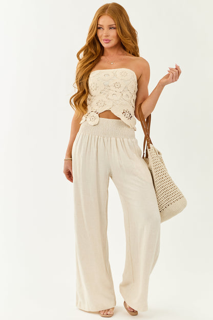 Cream Open Floral Crochet Strapless Crop Top
