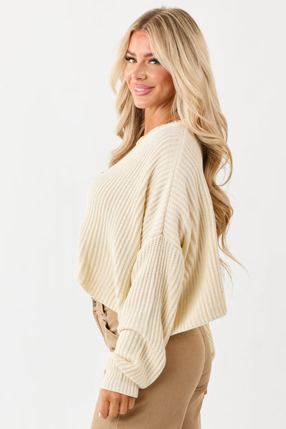 Cream Relaxed Rib Knit Crew Neck Cropped Sweater