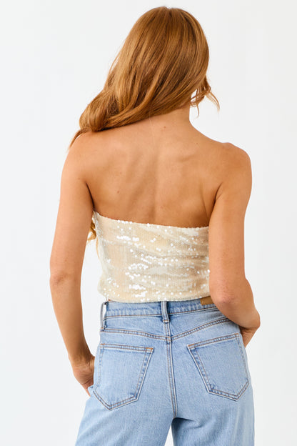 Cream Sequin Cropped Stretchy Bandeau Top