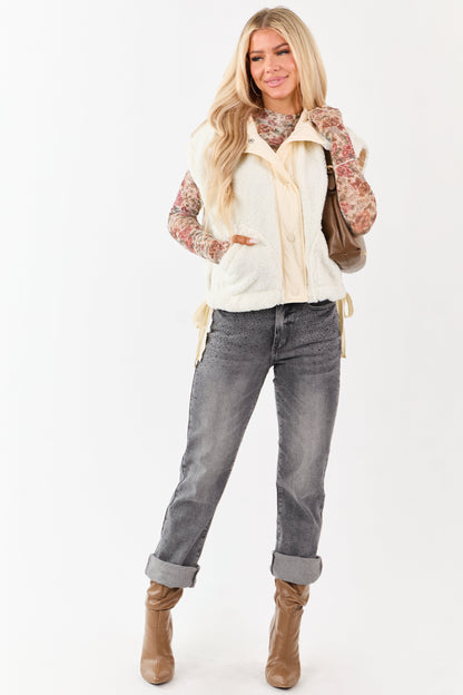 Cream Sherpa Contrast Button Down Side Tie Vest