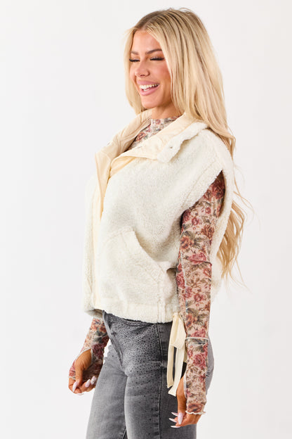 Cream Sherpa Contrast Button Down Side Tie Vest
