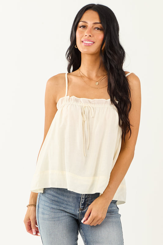Cream Square Neck Ruffle Trim Tank Top