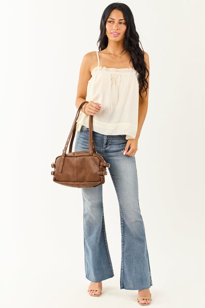 Cream Square Neck Ruffle Trim Tank Top