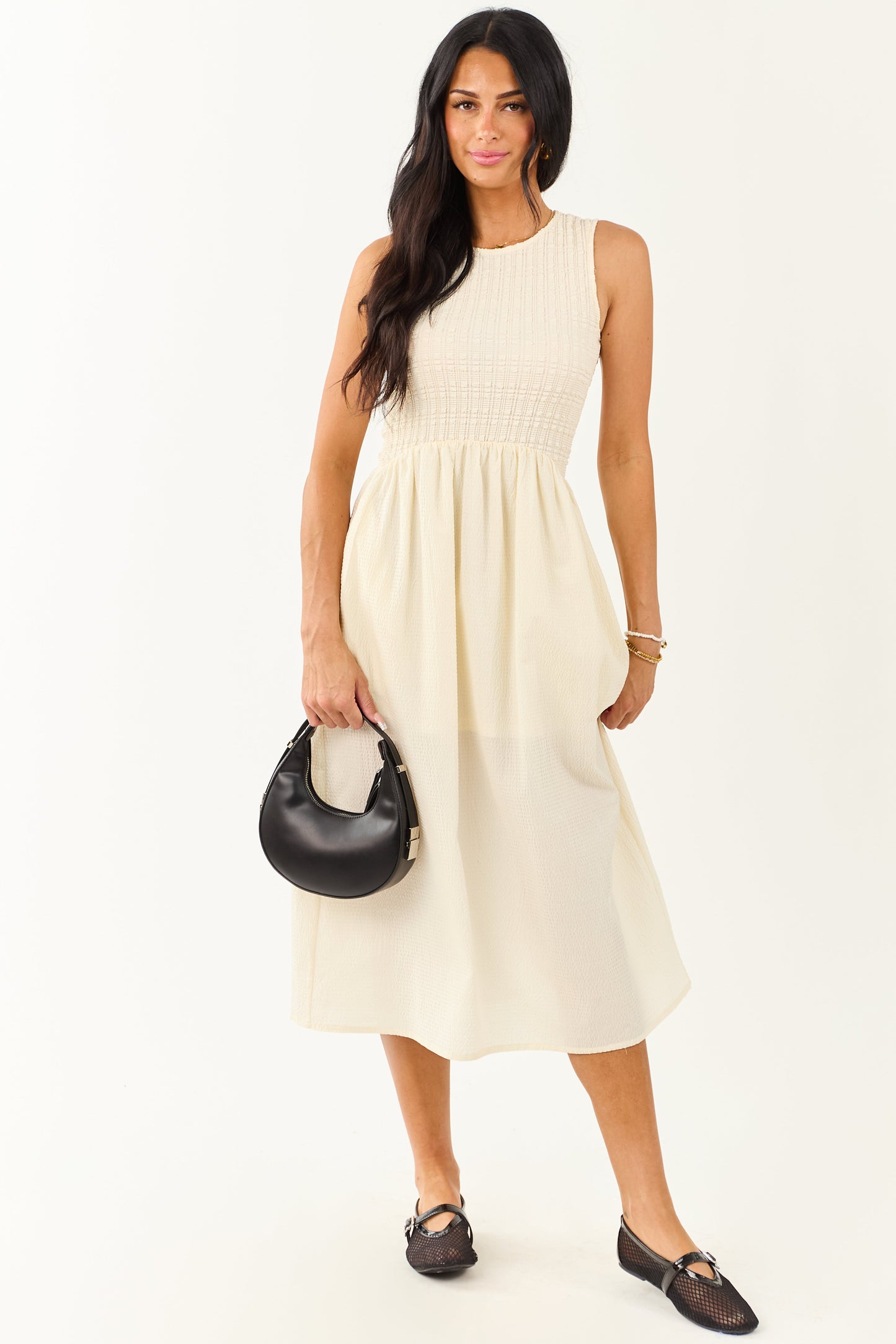 Cream Textured Bodice Contrast Skirt Midi Dress