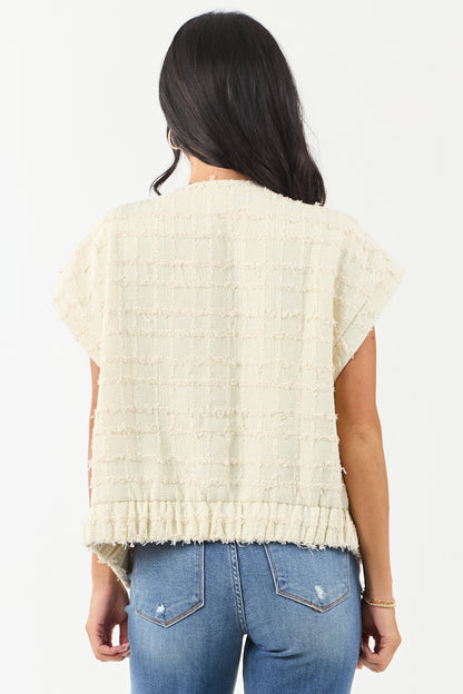 Cream Tweed Button Down Short Sleeve Top