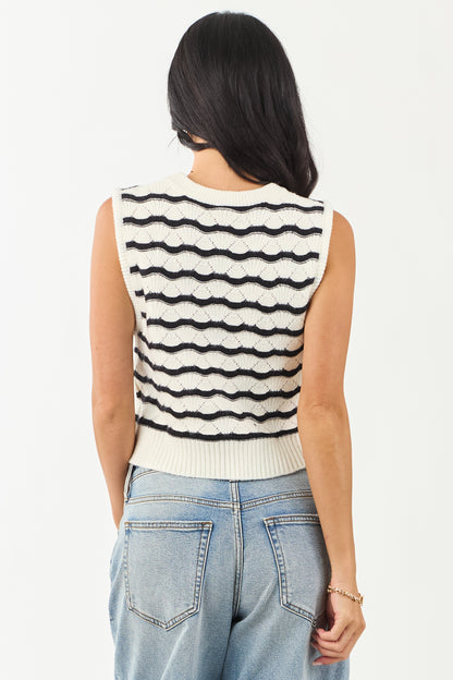 Cream and Black Wavy Striped Sweater Tank Top