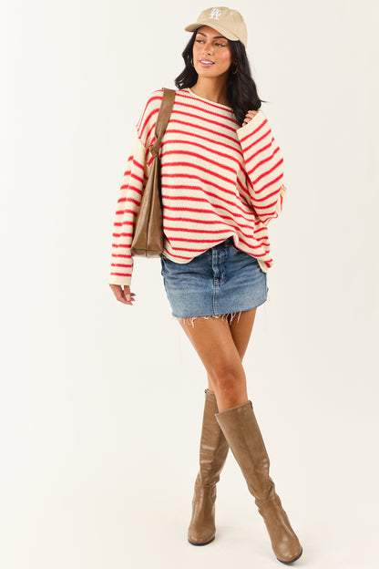 Cream and Brick Striped Relaxed Sweater