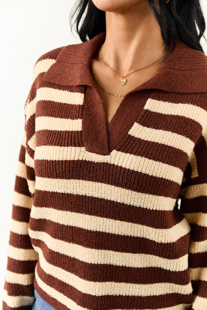 Cream and Cocoa Striped Collared Sweater