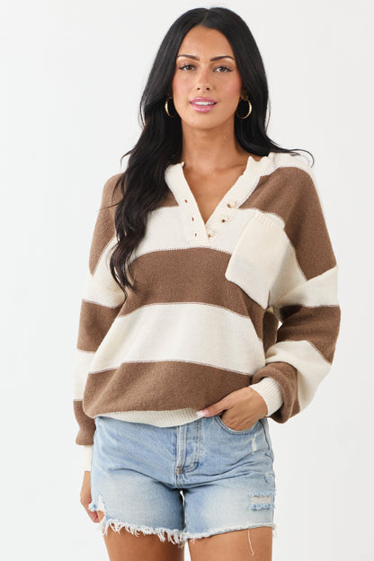 Cream and Coffee Thick Stripe Henley Sweater