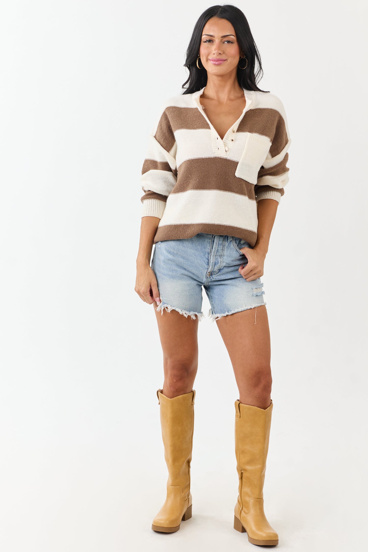 Cream and Coffee Thick Stripe Henley Sweater