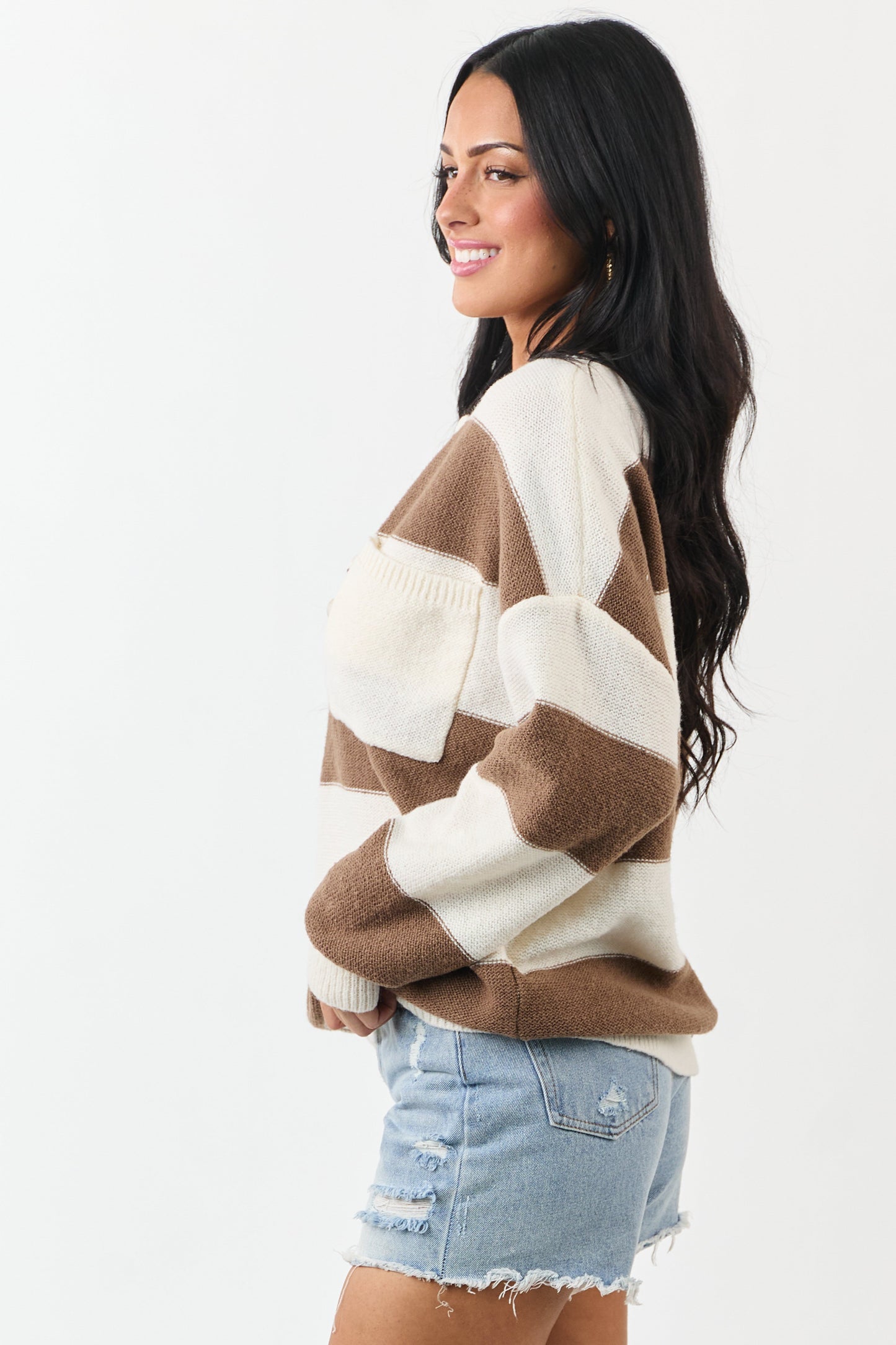 Cream and Coffee Thick Stripe Henley Sweater