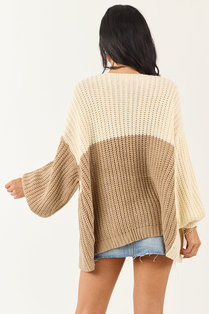 Cream and Latte Colorblock Open Front Cardigan